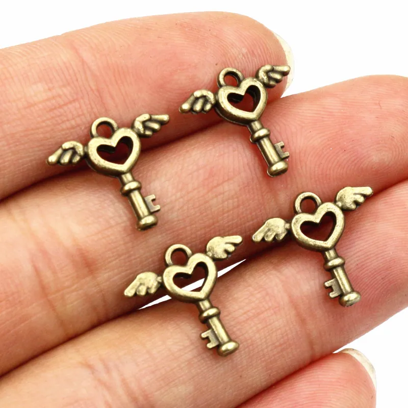 50pcs Charms Wing Fly Key 15x14mm Antique Bronze Silver Color Pendants Making DIY Handmade Jewelry Factory Wholesale