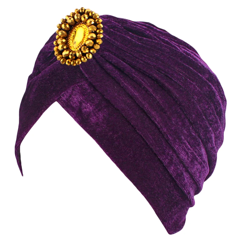 New Women Velvet Beads Flower Turban Bonnet Hijab Muslim Chemo Cap Hair Loss Headwear Headwrap Beanie Skullies Hats Turbante
