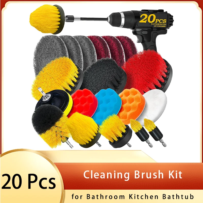 Attachments Cleaning Brush Kit 20 Pcs with Extend Long Attachment Car Polishing Pad Kit Cleaning Supplies Shower Scrub Scratch