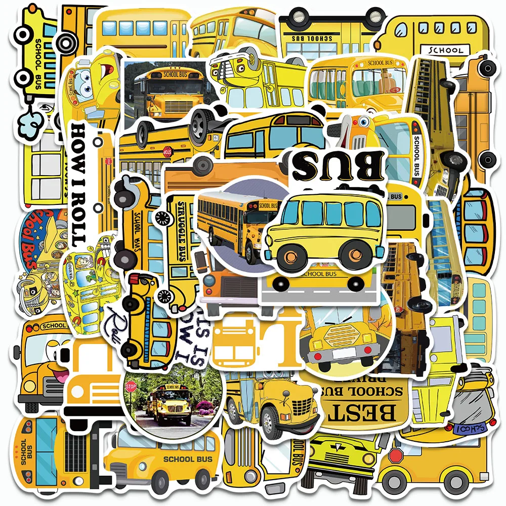 

100/50PCS Cool School Bus Series Stickers Yellow Cartoon Decals For Ipad Case Laptops Cup Skateboards Fridge Notebooks Stickers