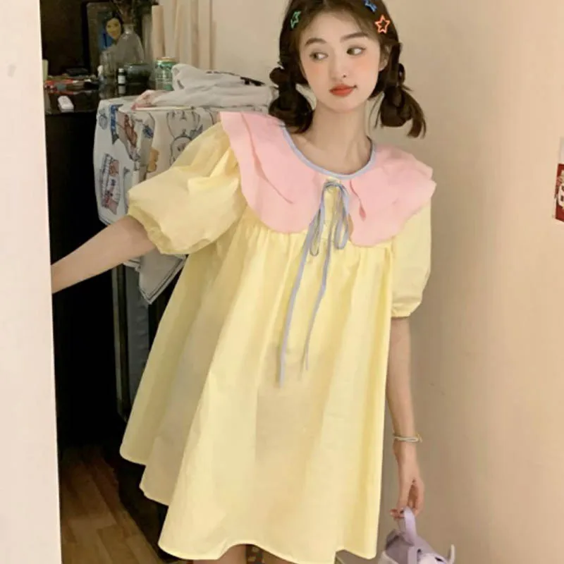 Peter Pan Collar Puff Sleeve Dresses Women Summer Sweet Color Collision A-line Loose Preppy Style Bow Lace-up Short Dress Female