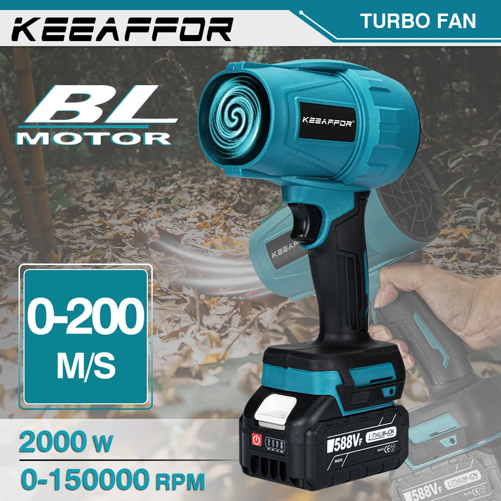 KeeAffor Brushless 2000W Electric Turbo Blowers Jet Fan 200M/S Violent Car Dryer Dust Blowing Power Tool for Makita 18V Battery