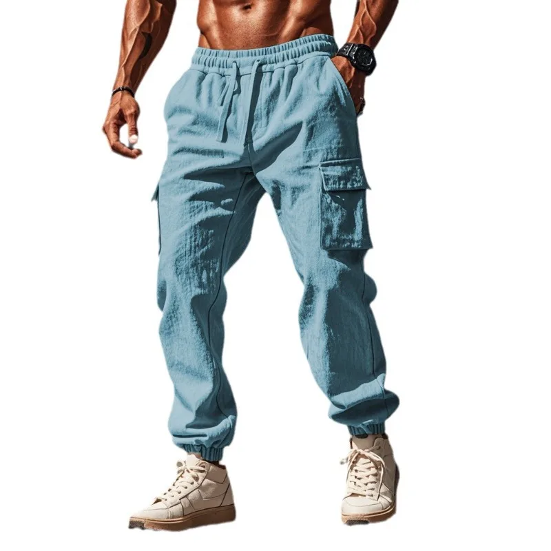 กางเกงลำลองขายาวหลายกระเป๋าของผู้ชายแบบปิดขาตรงผ้าฝ้ายและผ้าลินินแบบผูกคอ