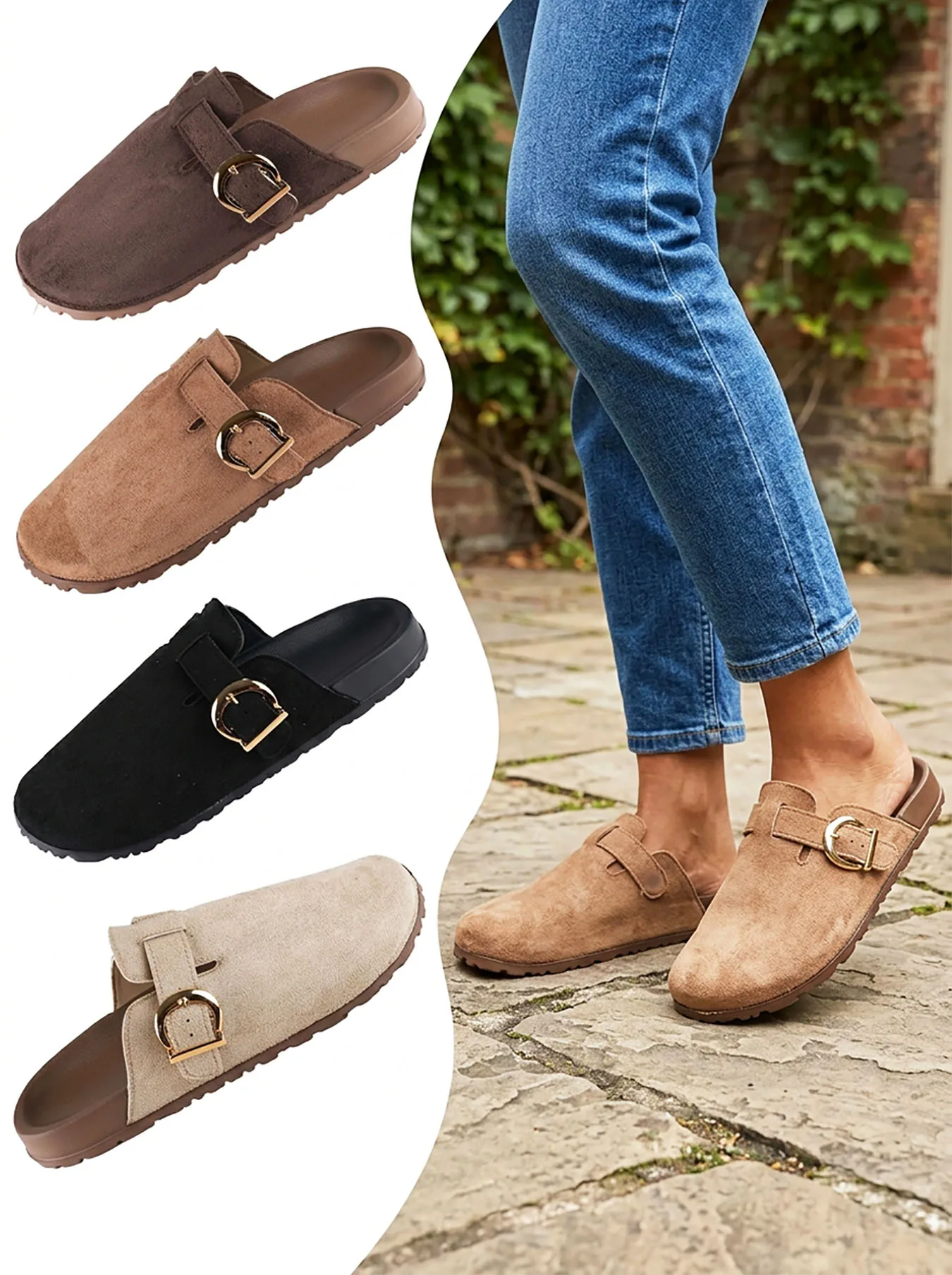 Zuecos de ante con hebilla para mujer, de talla grande, con puntera cerrada, diseño sin cordones, tacón plano, soporte para el arco del pie, plantilla de corcho, ideales para todas las estaciones y para uso casual.