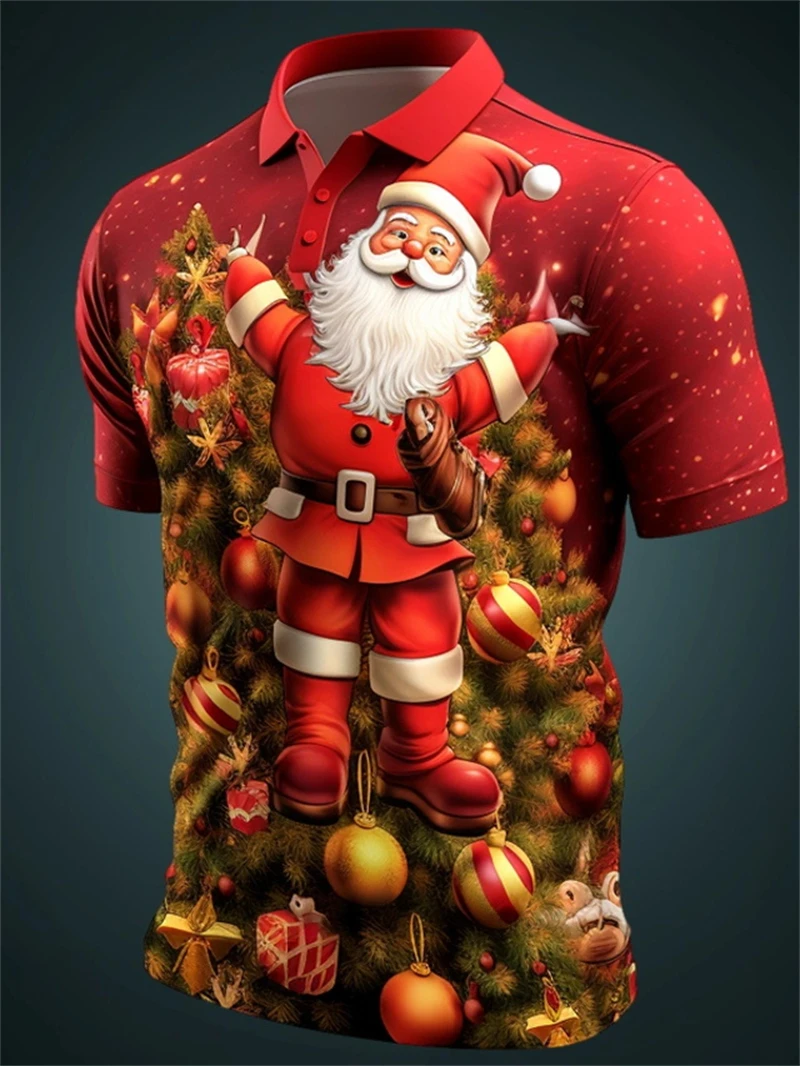 Christmas Men's Short Sleeve Polo Shirt  Full Print Santa Claus Graphic Tee Shirt Tops Casual Men Oversized Golf Shirt Clothes