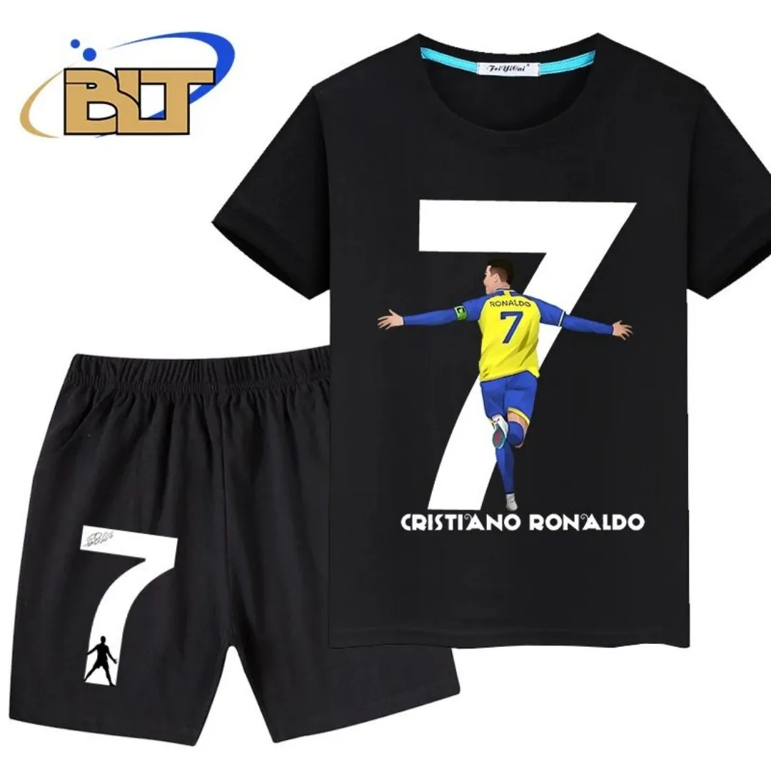 2025 Summer Ronaldo 3D Printed Summer Children's T-shirt Two piece Sports Shorts Set Suitable for Men and Women Comfortable, Sof image 3