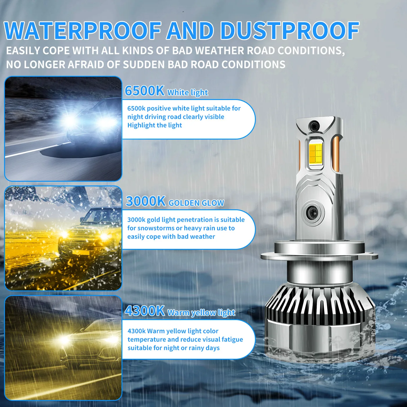 2X H7 Car Tricolor LED Headlight H1 H4 H11 HB3 HB4 9005 3000K 4300K 6000K Yellow White Three Colors 12V LED Auto Bulbs 24V Truck