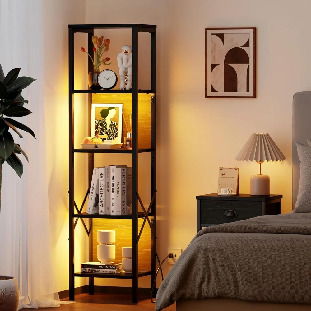 5 Tier Book Shelf with LED Light, Tall Display Bookcase with Back, Narrow Industrial Standing Shelving Units