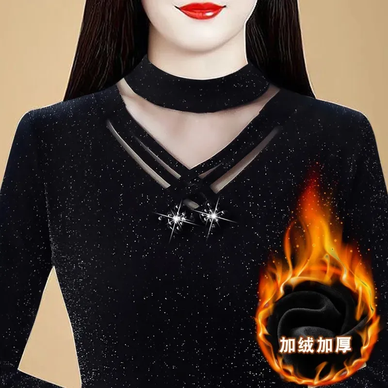 

Lace Bottoming Shirt for Women Autumn and Winter Style Velvet and Thickened Long-sleeved Half-high Collar Mesh Top