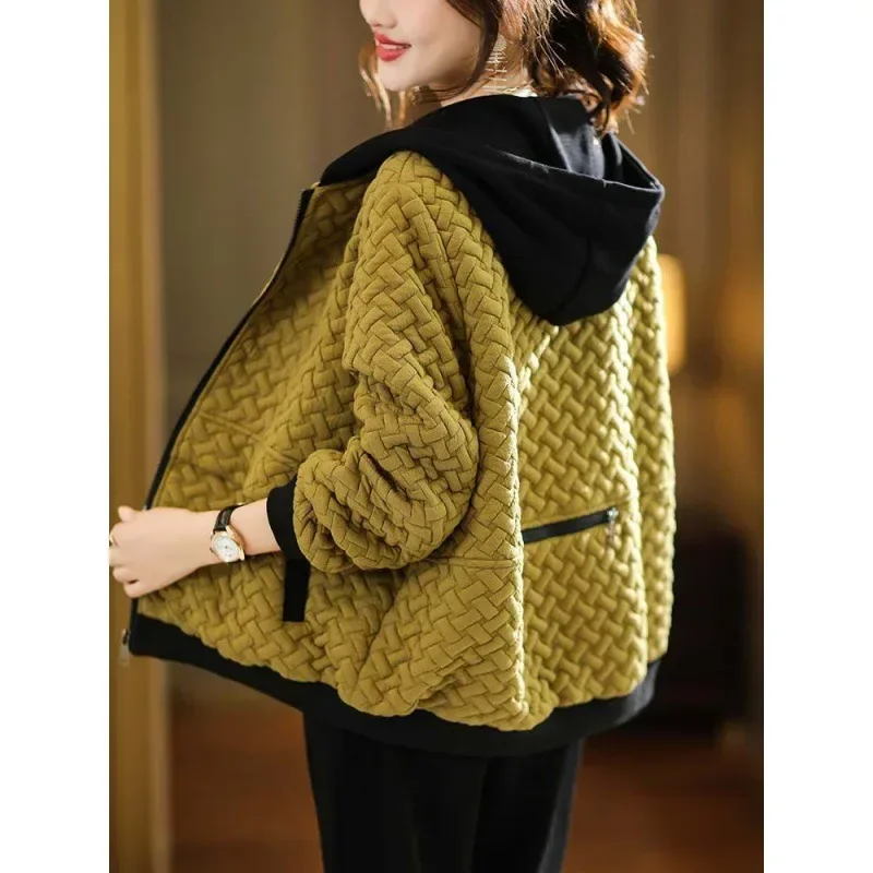 Hooded Casual Coat Women's High End Mother's Jacket Autumn and Winter New Korean Patchwork Outwear with Short Zipper Basic Coat