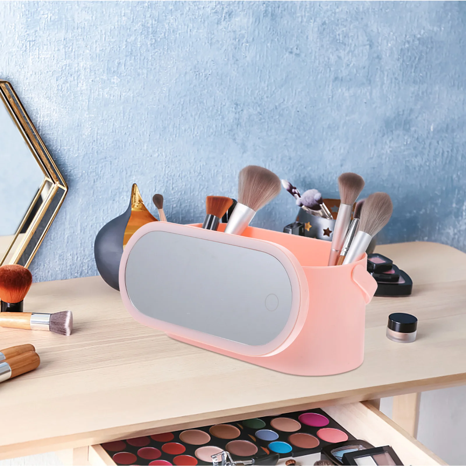 Praktische Make-up-Organizer-Box mit Spiegel mit hoher Chromatizität. Stilvoller Desktop-Behälter, Make-up-Etui mit beleuchtetem Spiegel