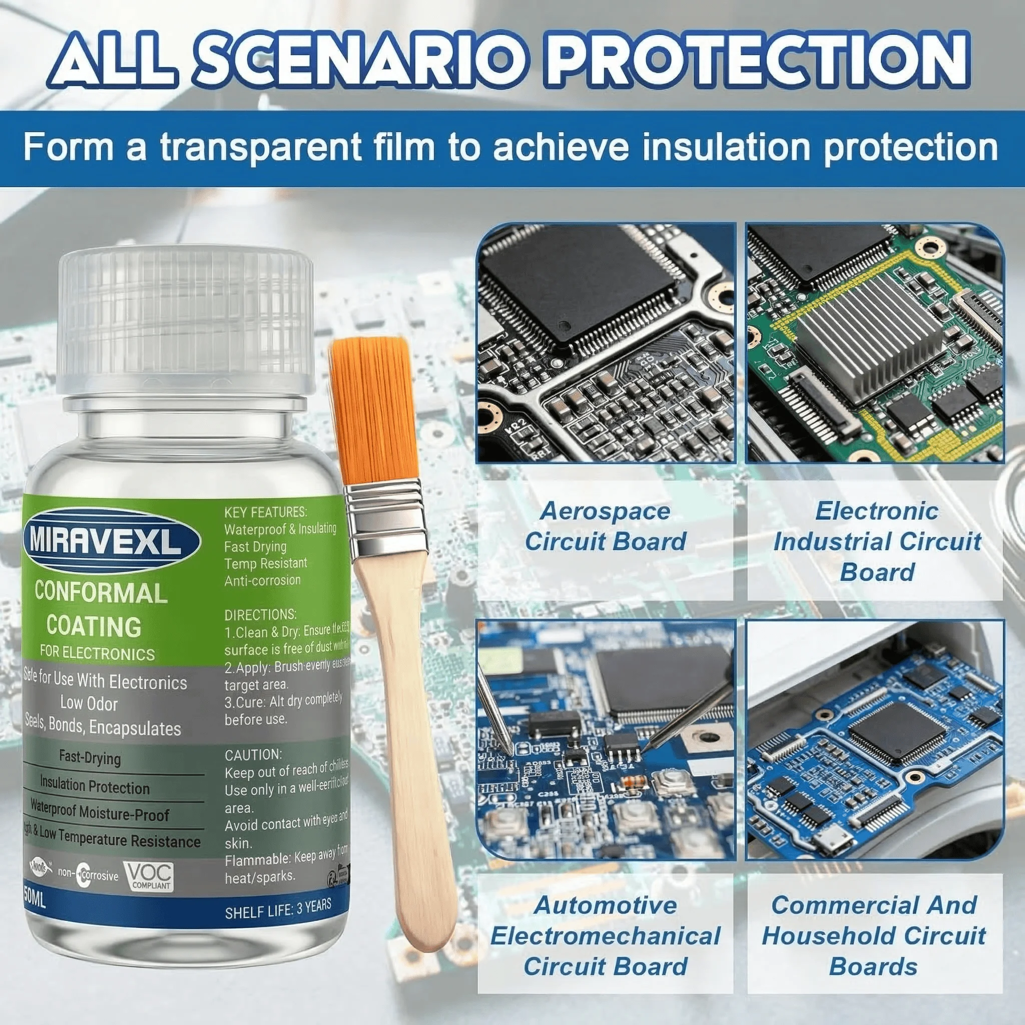60ml MIRAVEXL Conformal Coating for PCB Electronics Maintenance, Fast-Drying Clear Protective Paint with Application Brush