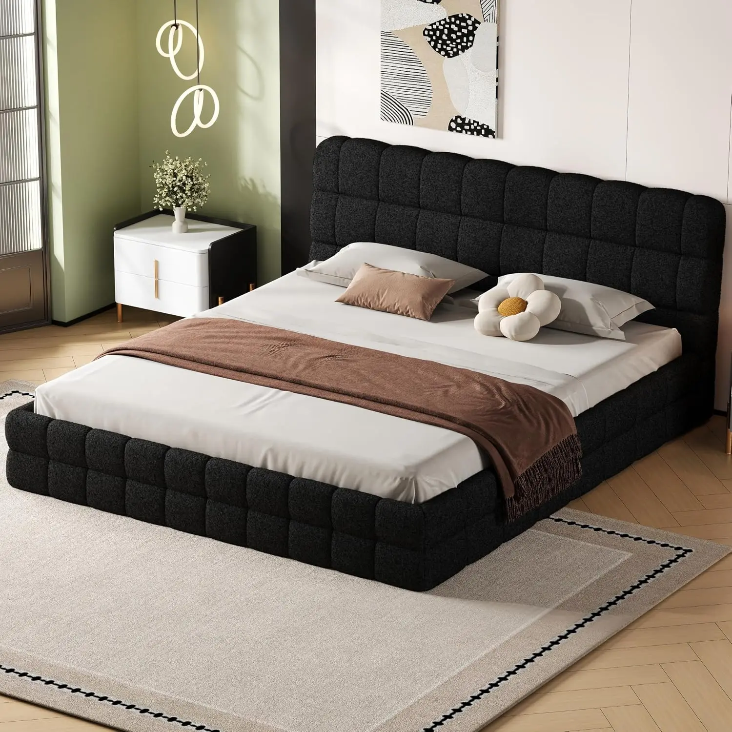King Size Upholstered Floor Platform Bed with Headboard, Black | Modern Fleece Upholstered Platform Bed, Low, Customized