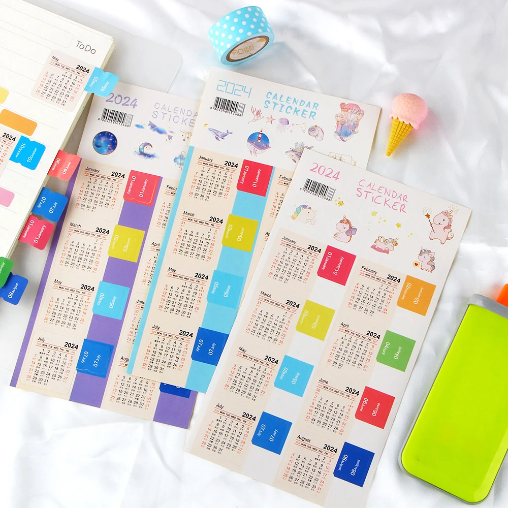 2 Sheets 2024 Year Monthly Calendar Index Page Stickers Bookmark Notebook Agenda Notes Planner Post Label