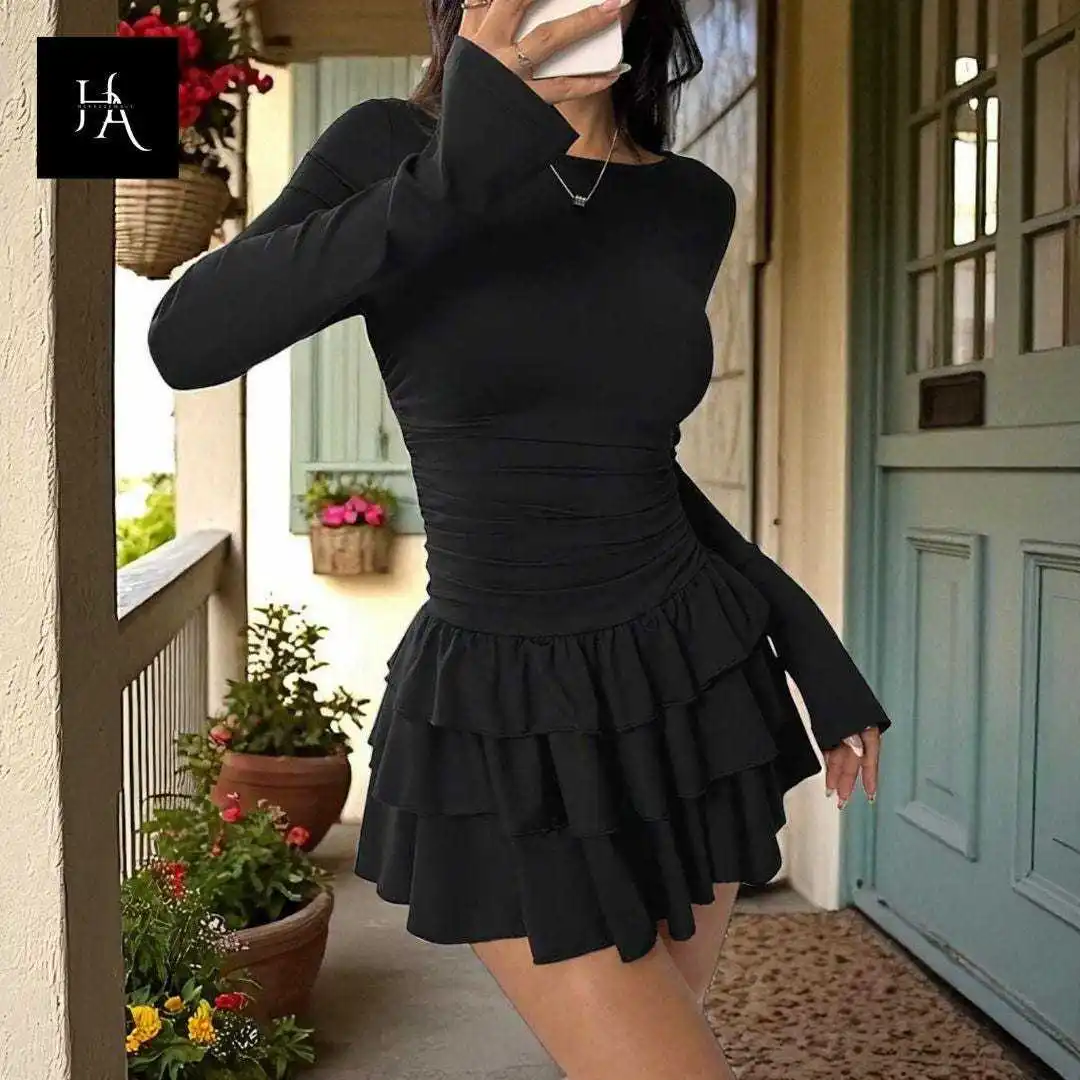 Damen-Kleid mit Rundhalsausschnitt und langen Ärmeln, figurbetont, mit geraffter Taille, mehrlagigem Rüschenrock, schmal geschnitten, Minikleid, lässig, Streetwear, Club, Party – Detail 11