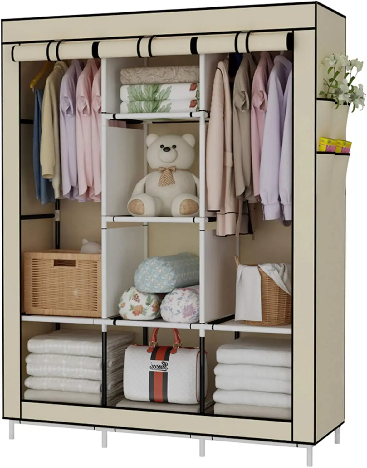 

Portable Wardrobe Closet Clothes Organizer Non-Woven Fabric Cover with 6 Storage Shelves, 2 Hanging Sections and 4 Side Pockets