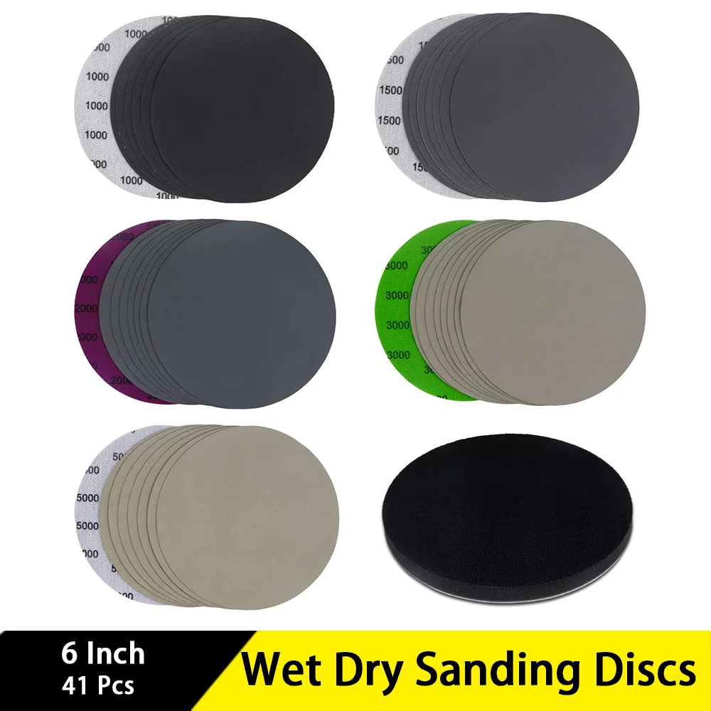 6 Inch Wet and Dry Sanding Discs with Interface Pad 41 Pcs Assorted 1000/1500/2000/3000/5000 Grit for Polishing Stone Lacquer