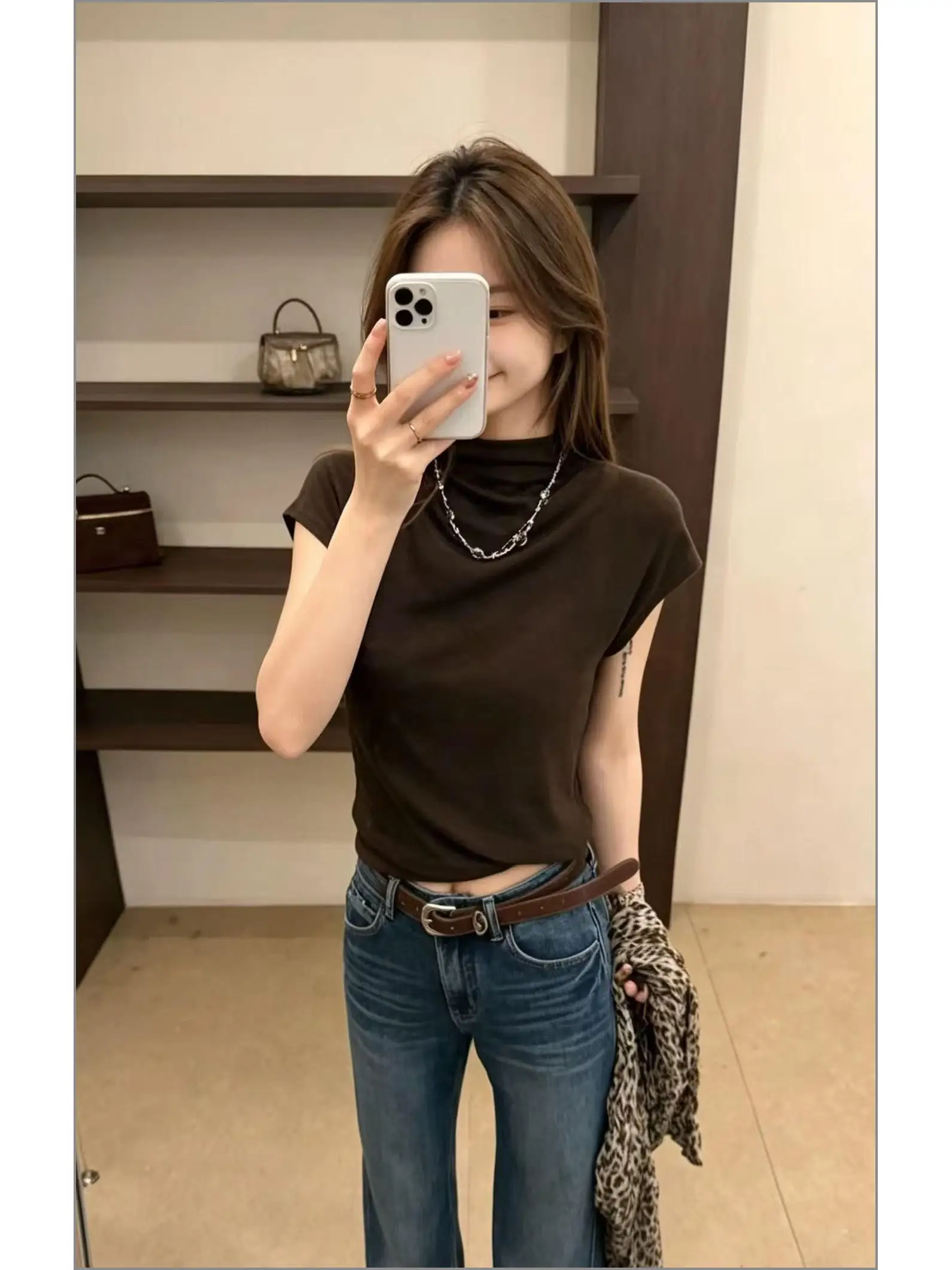 Fashionable Black Half High Collar Short Sleeve T-Shirt Women's Early Autumn Slimming Base Shirt Inner Wear Top Commute Style