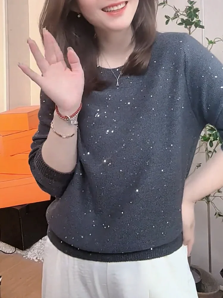 

Korean Sle round Ne Knitted Sweater iny Sequins Versatile Large Size Agel Top Women's Faion Autumn New Arrival