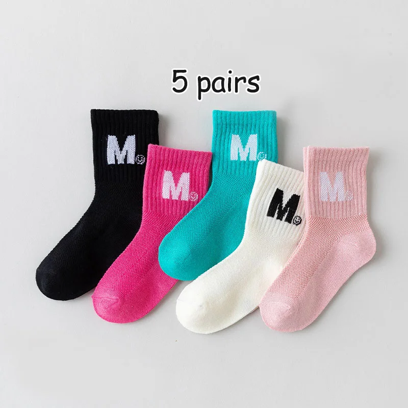 5 pairs of children\'s socks Girls Spring and autumn mesh socks students mid-tube sports socks All-match sweat non-smelly foot pr