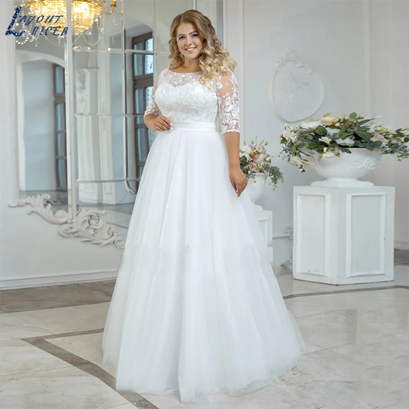 Layout niceb vintage praia vestido de casamento plus size boho rendas apliques três quartos mangas tule vestido de noiva linha a comprimento do assoalho O vestido de casamento Um vestido de noiva de três braços Casamen