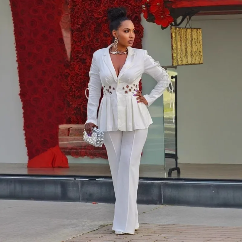 

Women Solid Hollow Grommet Lace Up Blazer Suit Office Lady 2 Piece Set Notched Long Sleeve Pleated Slim Coat + Straight Pants