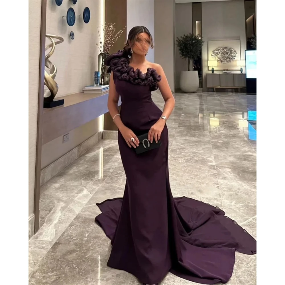 فستان حفلة موسيقية أرجواني داكن مخصص جيرسي مطوي كتف واحد حورية البحر فساتين طويلة سويب تراين فساتين سهرة رسمية 2025