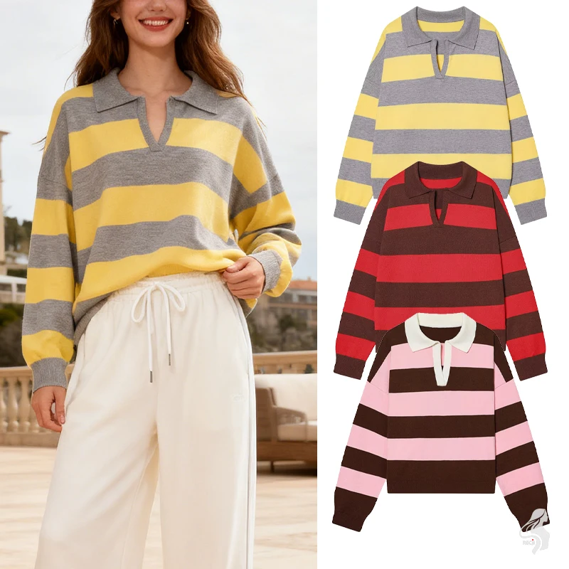 سترة نسائية مخططة برقبة بولو - بلوزة متماسكة بأكمام طويلة وكتلة ألوان عتيقة، طراز Y2K Preppy