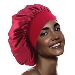 Women Night Sleep Hair Caps Silky Bonnet Satin Double Layer Adjust Head Cover Hat For Curly Springy Hair Styling Accessories