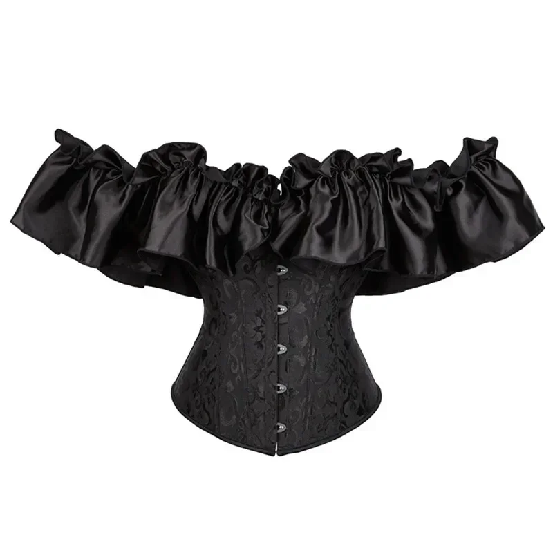 Fashion Women Off Shoulder Ruffles Corset Top Sexy Floral Lace Up Bustiers Overbust Short Sleeve Vintage Burlesque Costumes