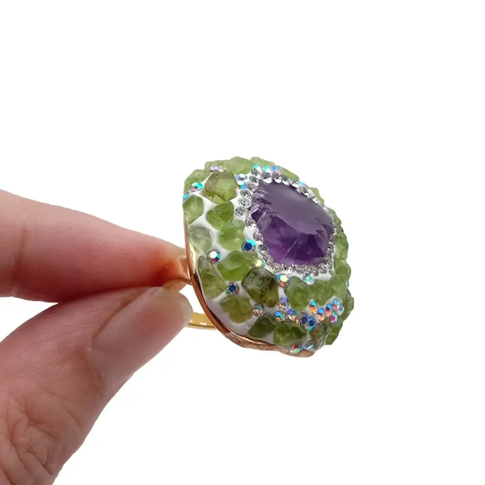 Y·YING Natural Amethyst Rough Raw Peridot Finger Rings Anniversary Women Jewelry Adjustable