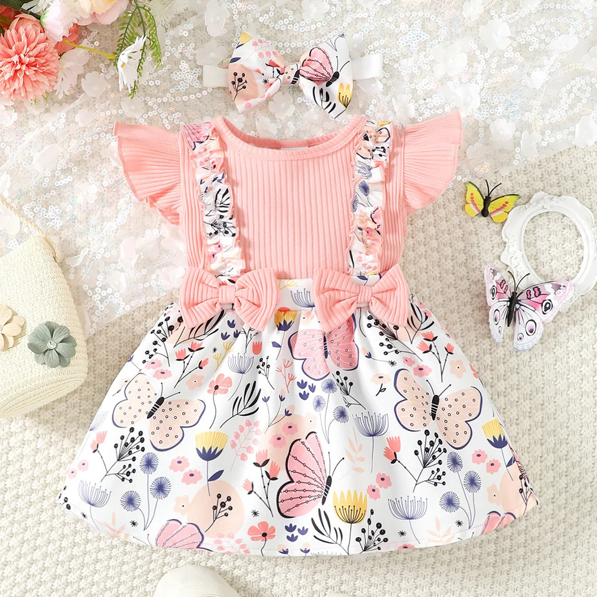 3-24Months Newborn Baby Girl Dress Ruffle Edge Short Sleeved Butterfly Print Dresses Infant Clothing Summer Fashion Cute Dress