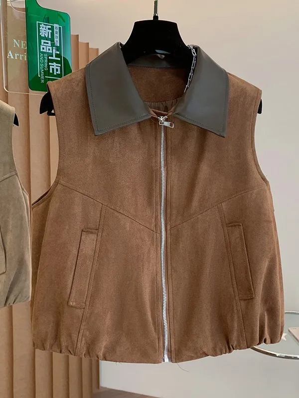 Women's Suede Vest Autumn New Style Color Block  Collar Outerwear Polyester Fiber Zipper Regular Length Pure Color
