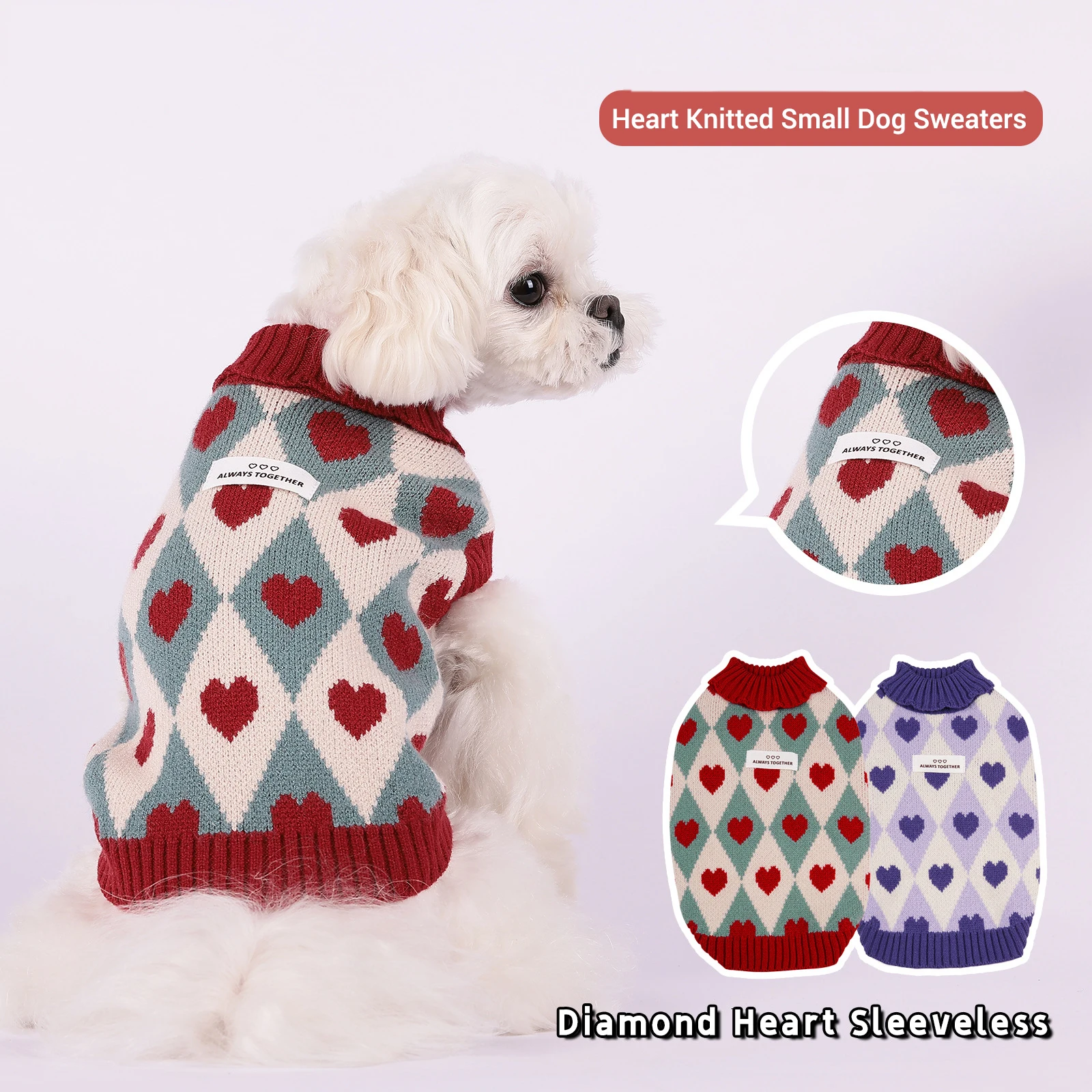 Sweater for Dog Winter Warm Small Dog Clothes Cute Diamond Heart Pattern Knitted Puppy Sweaters Turtleneck Chihuahua Yorkie Coat