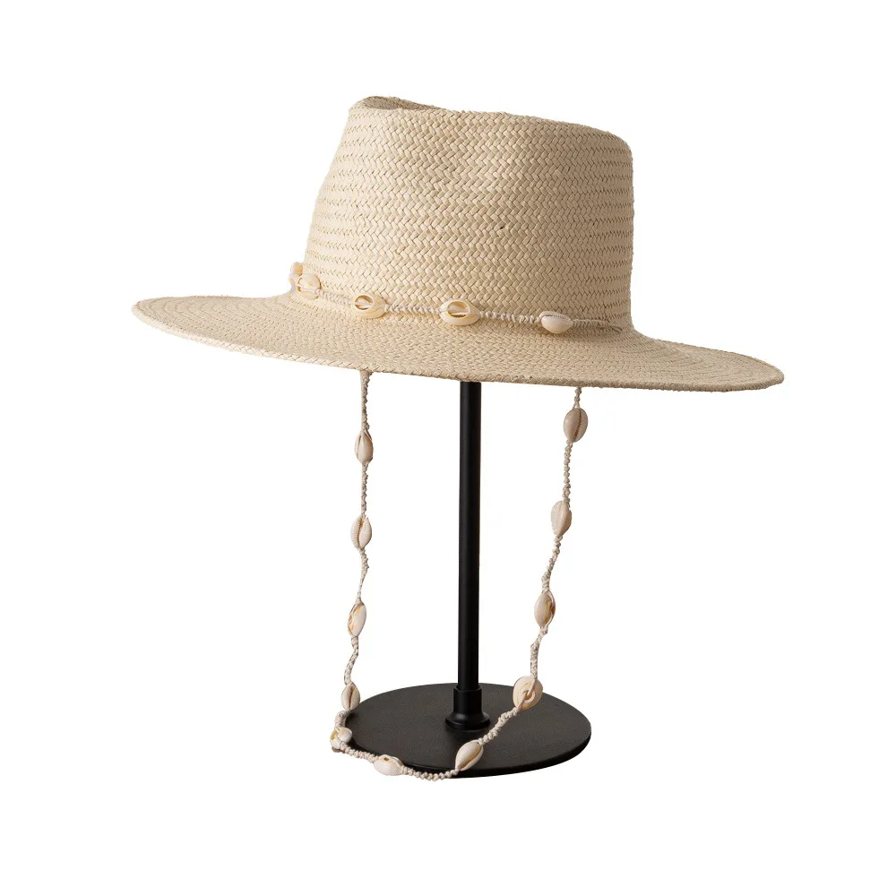 Summer Panama Hats for women Sun Hat with Long Shell conch Chain Straw Hats Vintage Style Fedora Female Outdoor Travel Beach Hat