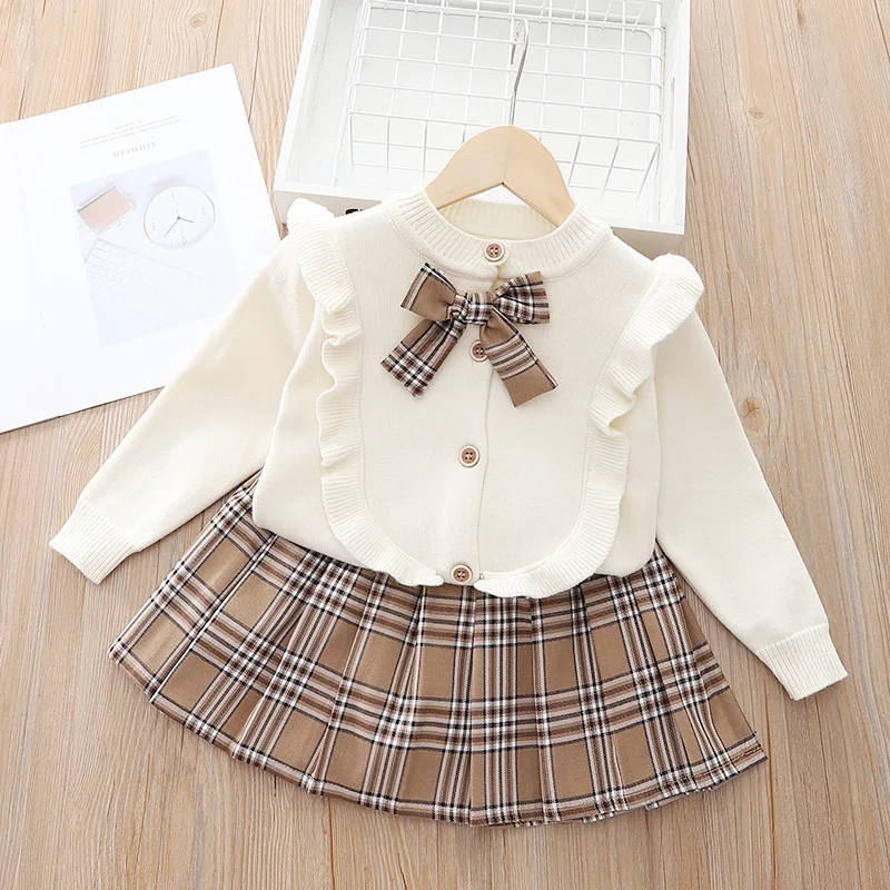 Baby Girls Clothing Set Autumn Winter Solid Color Bow Knitted Cardigan+Lattice Pleated Skirt 2Pcs For 2-6Y Kids Casual Suit