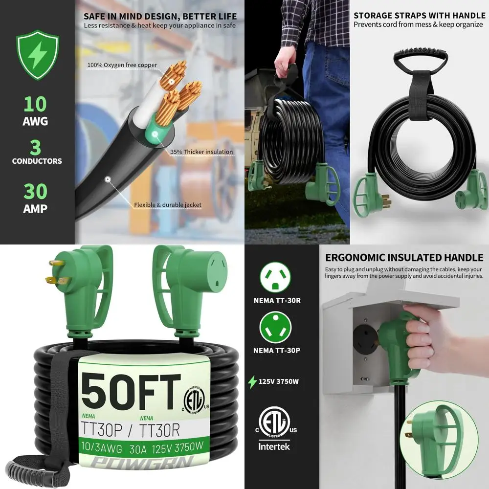 

Удлинитель для автодома на 30 А, 50 футов, для улицы, с ручкой, гибкий калибр 10/3, STW, 3-контактный шнур питания для автодома с кабелем Org