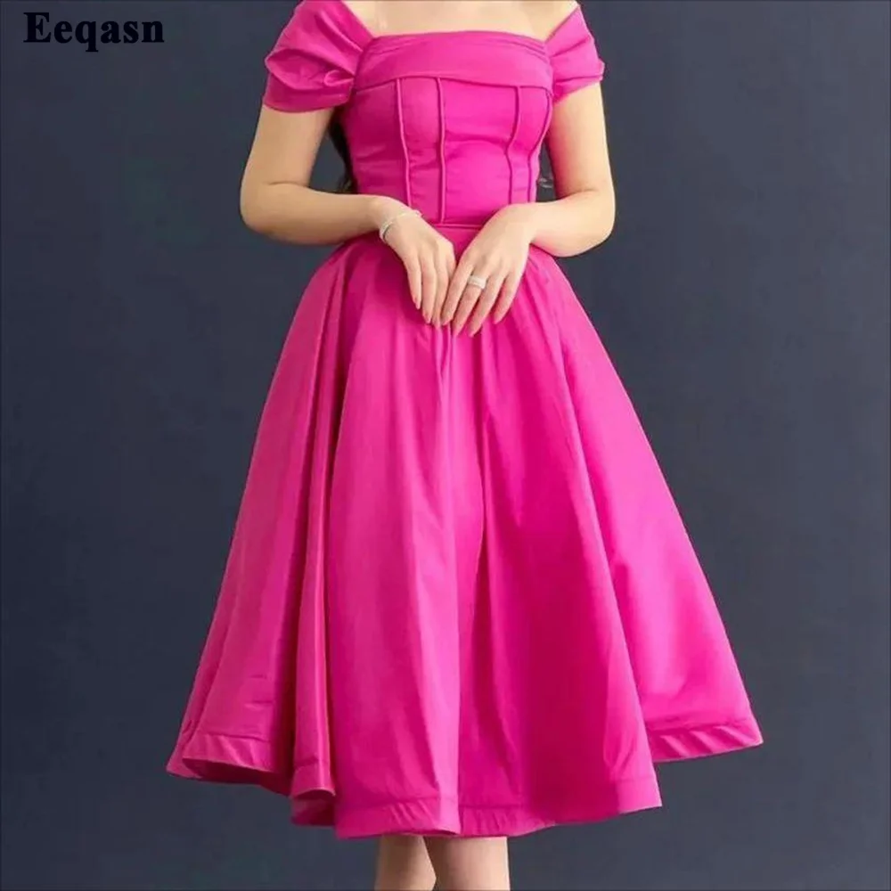 

Eeqasn Gorgeous A Line Short Prom Dresses Arabic Satin Capped Sleeves Evening Pageant Gowns Knee Length Graduation Party Gown