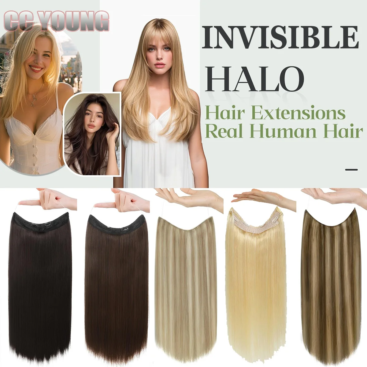 보이지 않는 헤일로 헤어 익스텐션 진짜 인모 피쉬 와이어 조절 가능한 밴드 비밀 클립인 익스텐션 여성용 초콜릿 브라운