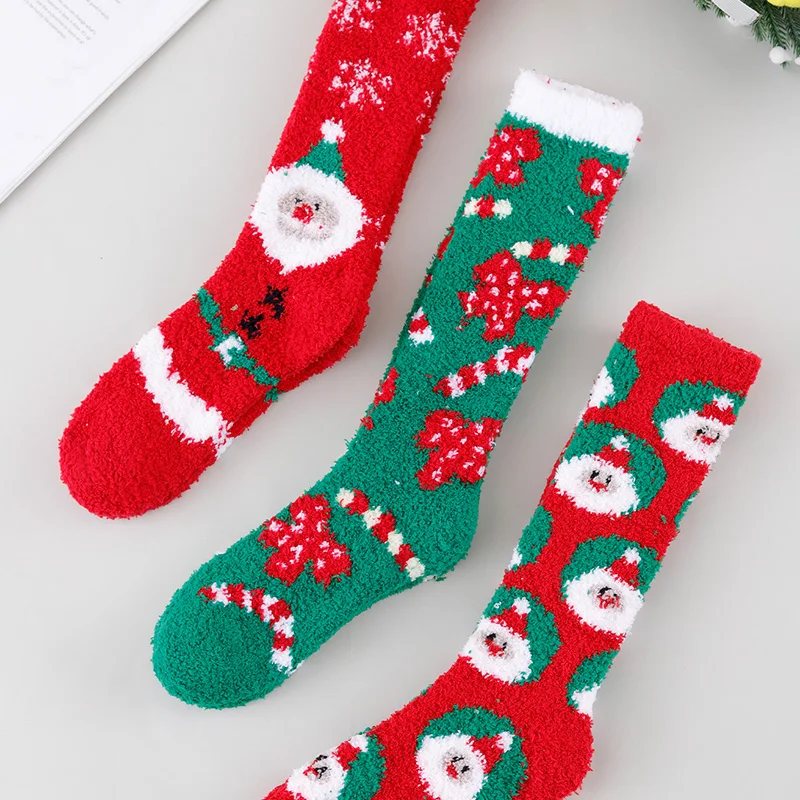 1/3 Pairs Random Women Winter Christmas Element Cartoon Pattern Thick Fleece Lined Warm Calf‑High Socks
