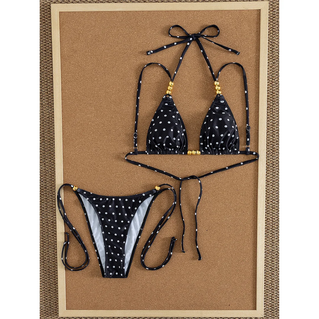 Polka Dot Neckholder-Bikini mit Metallperlen, Damen-Badeanzug, zweiteiliges Bikini-Set, gepolsterter Badeanzug, Badebekleidung, Schwimmbekleidung V8541 – Detail 6