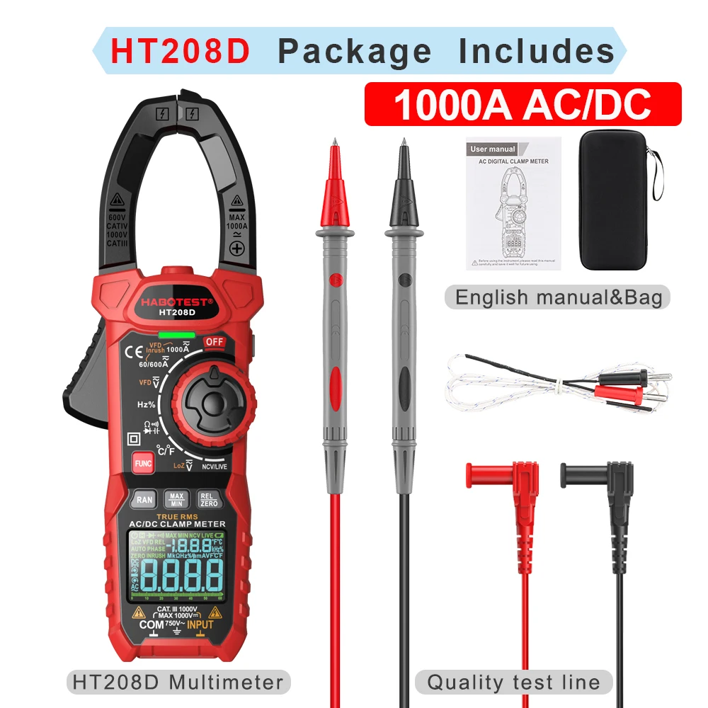 HT208A/D AC/DC Digital Clamp Meter Multimeter Amperimetrica True RMS Capacitance NCV Ohm Hz Tester for Eelectrician Tool