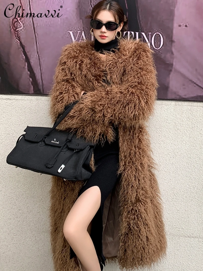 2023 Autumn Winter New High-End Khaki Fur Loose Long Sleeve Mongolia Sheep Fur Long Warm elegant Coat Luxury Women\'s jackets