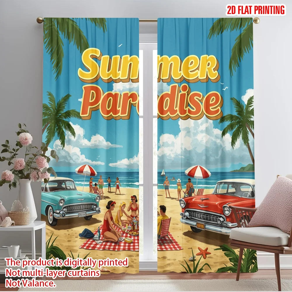 

2pcs 2D flat printing Party Curtains Summer Beach Picnic Vintage Cars 100% Polyester Without Electricity All Season Party &