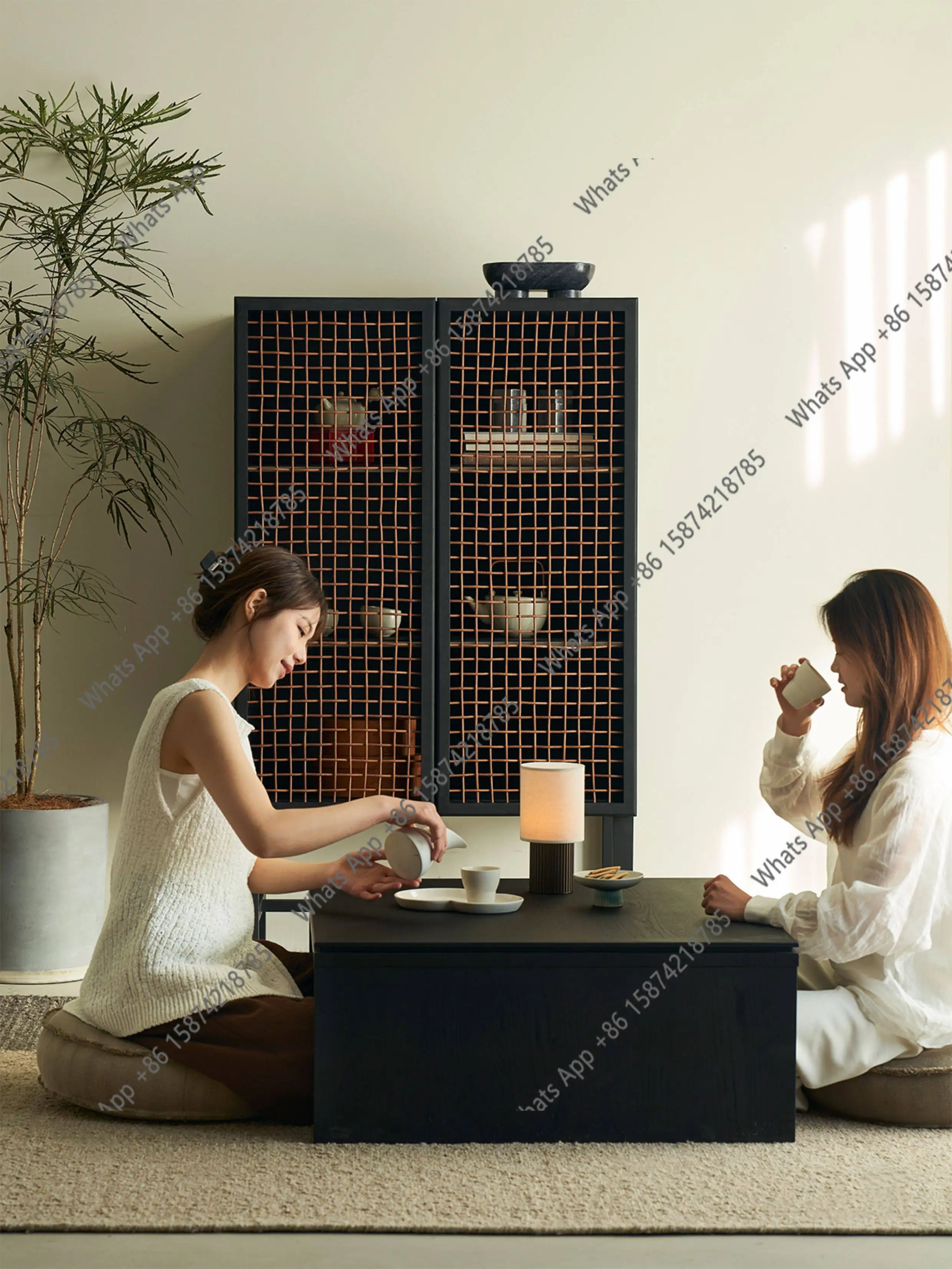 Gu Side Cabinet Floor-to-ceiling cowhide rattan living room Home Wabi Side Storage Bedroom Storage Locker Designer