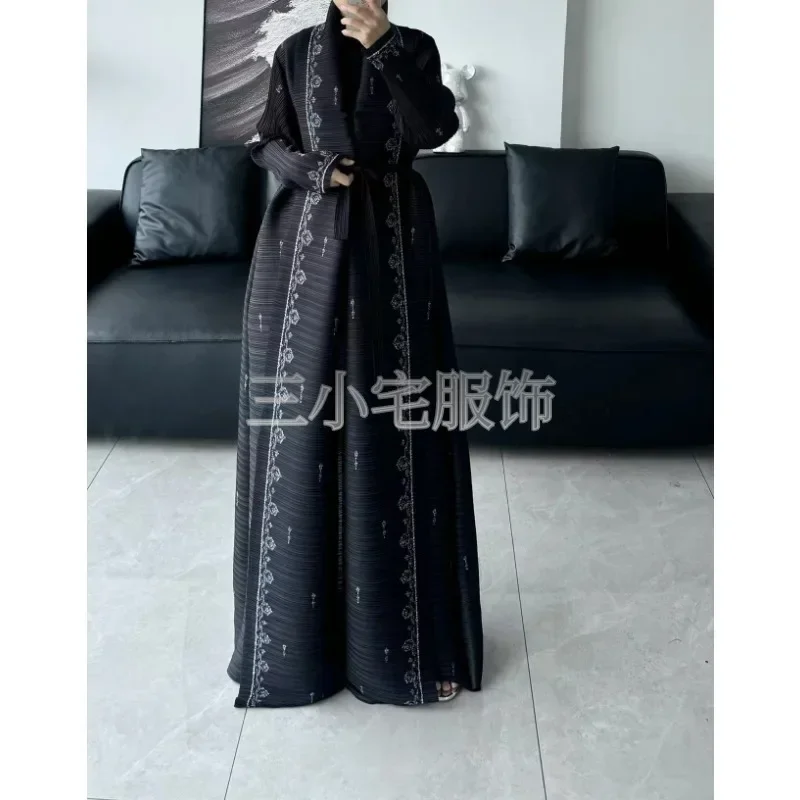 Jaqueta preta plissada, manga longa, plissada, vintage, lapela estampada, plus size, abaya, estilo de Dubai, inverno, novo, 2022