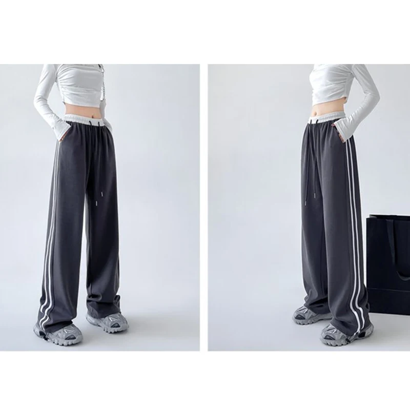 Spring Women Classic Stripe Sweatpants Lady High Waisted Designer Sports Trousers Female Daily Elastic Lace Up Wide Leg Pants