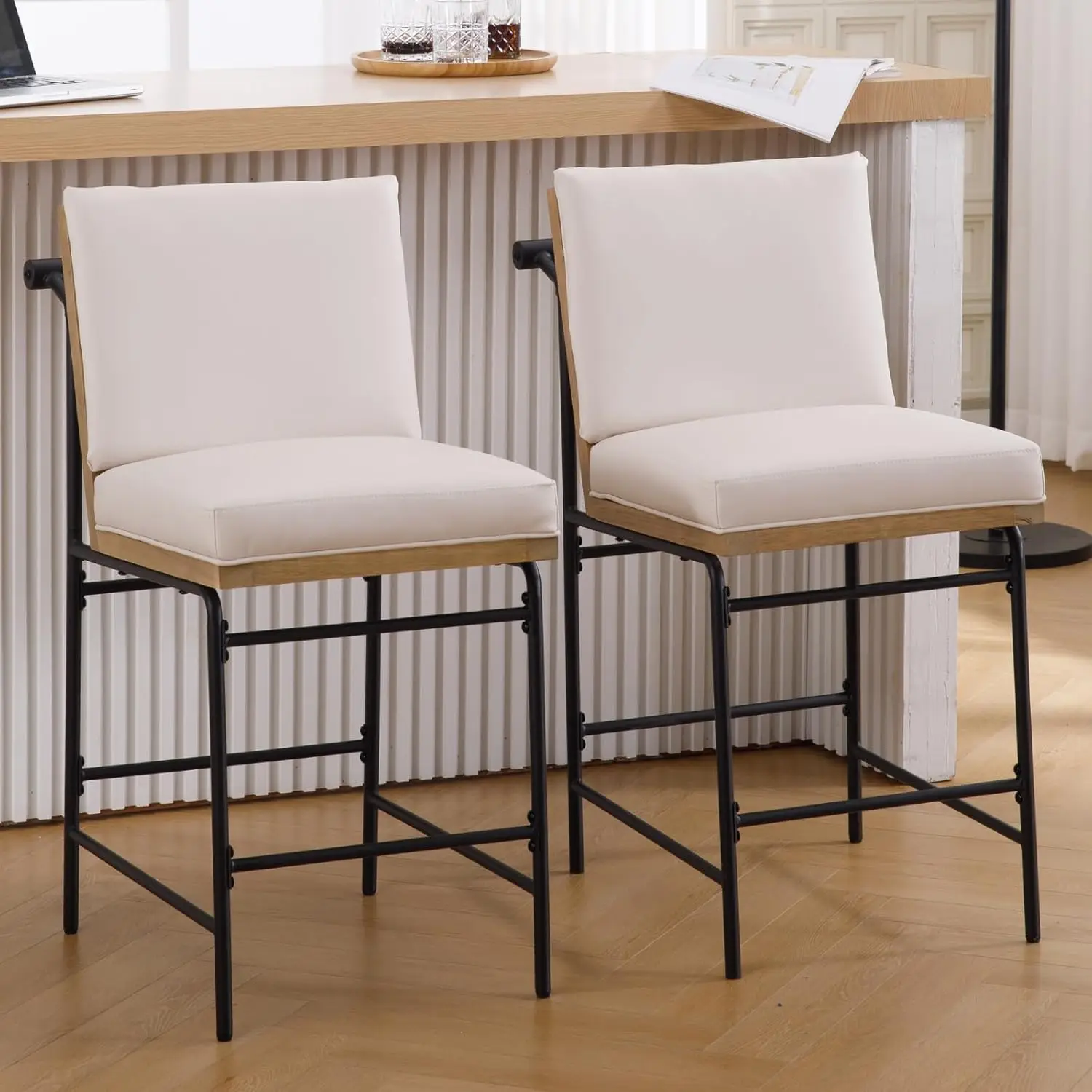 

Mid Century Modern PU Leather Counter Stools 25.75" Seat Height Metal Legs Armless Mid Back Dining Kitchen, Customized