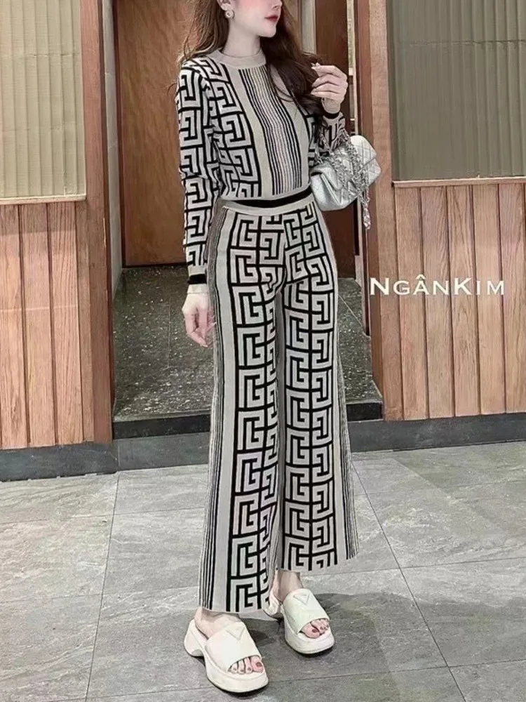 Women's Long Sleeve Jacquard Knit Top 2-Piece Labyrinth Print Loose Sweater + Wide Legs Long Pants Korean Style Casual Chic Suit