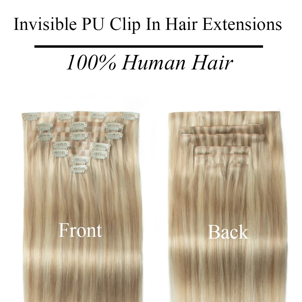 Invisible Clip In Hair Extensions Human Hair 12-24inch Blonde Brown Injected Seamless PU Weft Clip on Hair Extensions 7Pcs/set